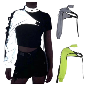 Dark Punk Style Asymmetric Sleeve Crew Neck Backpack Buckle Women's Long Sleeve T-<b>Shirt</b> - Product Image 2