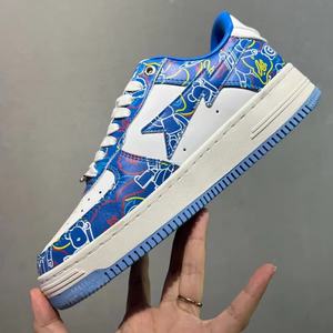 New Arrival Men's Genuine Leather Cartoon Graffiti <b>Sneakers</b> Blue White Star Low-Top Casual Lightweight Trendy Street Style Shoes - Product Image 4