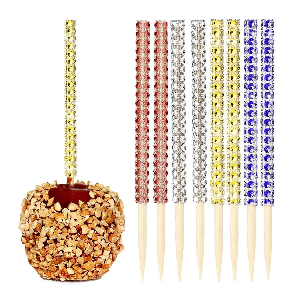 12 piezas Bling Candy Apple Bamboo Sticks artesanía de madera con diamantes de imitación Diamond Mesh Wrap Party