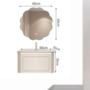 Cream-Toned French-Style Ceramic Vanity with Integrated Sink Lace-Edged <b>Mirror</b> Oak Finish—A Light Luxury Bathroom Cabinet - Product Image 5