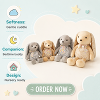 Jouet en peluche lapin brodé ODM en gros, mignon, en coton biologique, rembourrage en coton PP, tissu super doux, doublure en maille, anti-stress