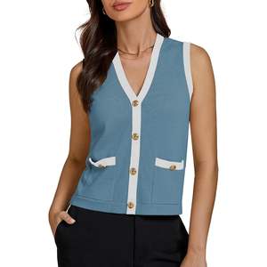 Luvamia femmes à la mode Colorblock boutonné habillé décontracté été pull gilet Sexy haut sans manches avec poches pour le printemps - Product Image 6