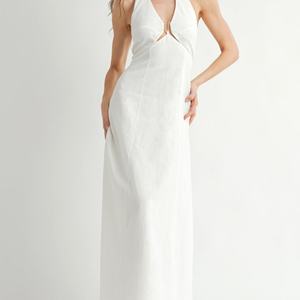 Vestido de Playa de Verano Personalizado para Mujer, Sin Mangas, con Cuello Halter, de Lino, Maxi Vestido Blanco, Vestidos Largos para Mujer - Product Image 4