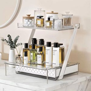 Étagère de rangement à 2 niveaux en acrylique transparent de qualité supérieure, cadre métallique moderne et motif <span class=keywords><strong>diamant</strong></span>, pour sublimer la décoration de la salle de bain et de la coiffeuse - Product Image 3