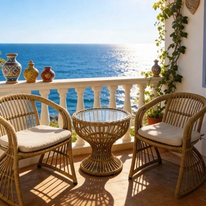 Conjunto de Muebles de Jardín para Balcón, Patio o Terraza, 3 Piezas, Mesa y Sillas de Mimbre Sintético Tejido a Mano, Resistentes a la Intemperie, con Cojines - Product Image 4