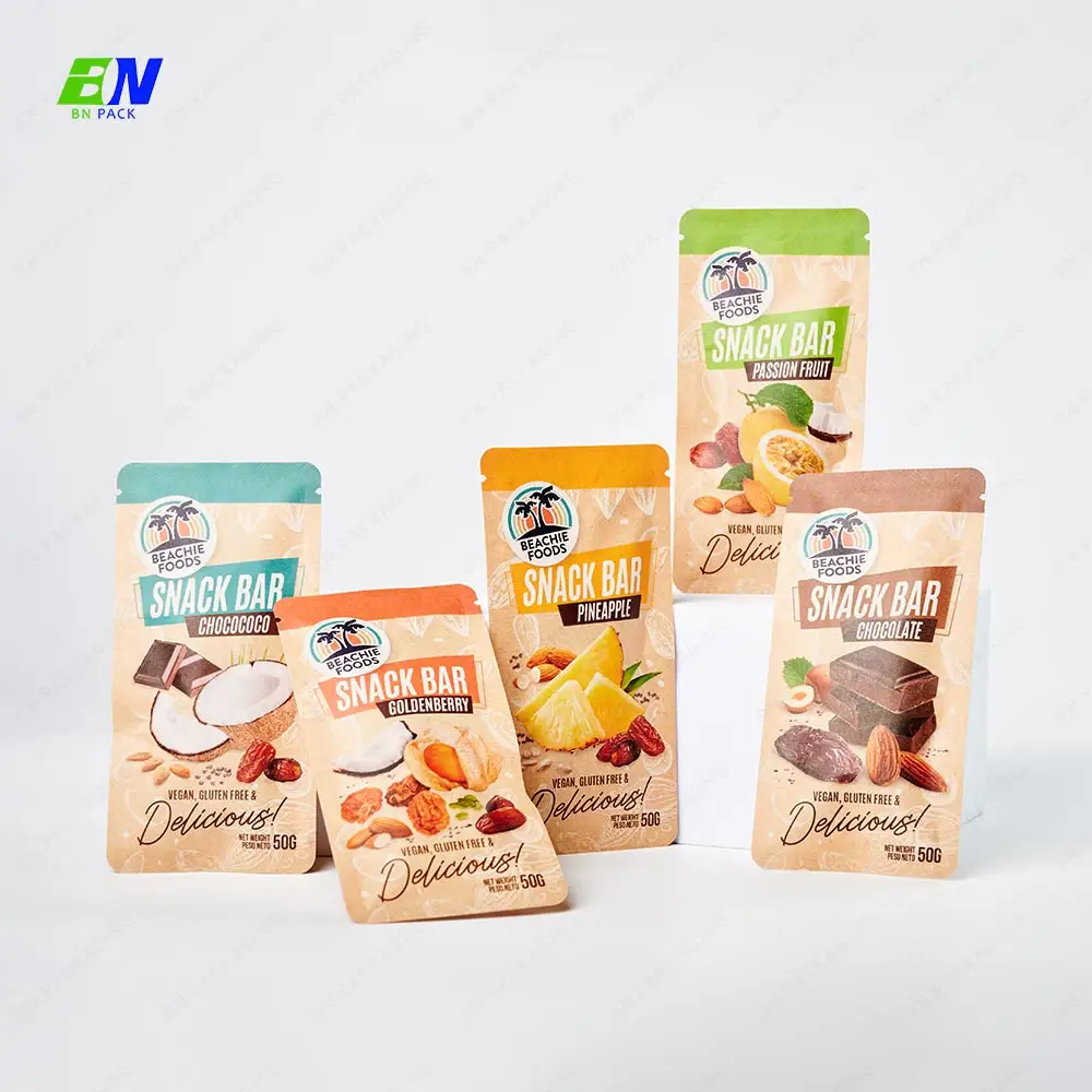 Custom Printed logo Food Packaging Bag Kraft Paper Pouch 100% Compostable Pouch Flat Packaging For Nuts Snack