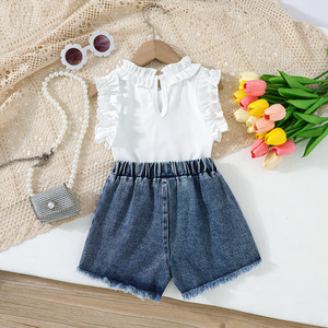 Nuevo Conjunto de Shorts de Mezclilla de Verano Estilo Europeo y Americano para Niños Pequeños, Chaleco sin Mangas con Volantes + Jeans con Cuentas, Estilo Coreano - Product Image 4