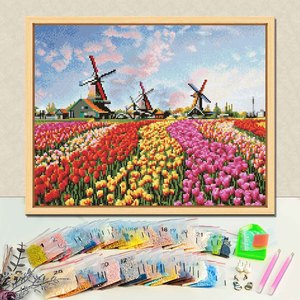 Kit de Pintura de Diamantes Campo de Tulipanes con Molinos de Viento, Taladros Cuadrados Impresos, Marco DIY Incluido, Estilo Paisajístico - Product Image 1