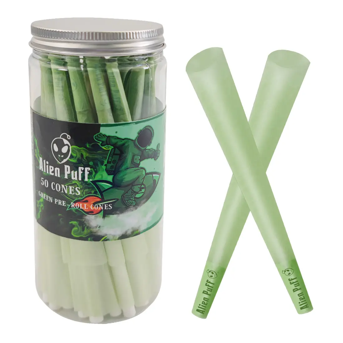 Alien Puff 109mm Green Rolled Cones 50 Cones per Jar Smoking Rolling Paper Custom OEM Cones Wholesale for Stock