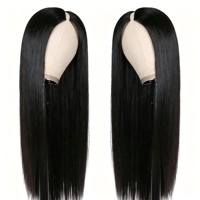 Perruque en cheveux humains lisses en U pour femmes noires, perruque mi-tête sans colle à clipser, cheveux humains vierges noirs naturels, perruque en U pour usage quotidien