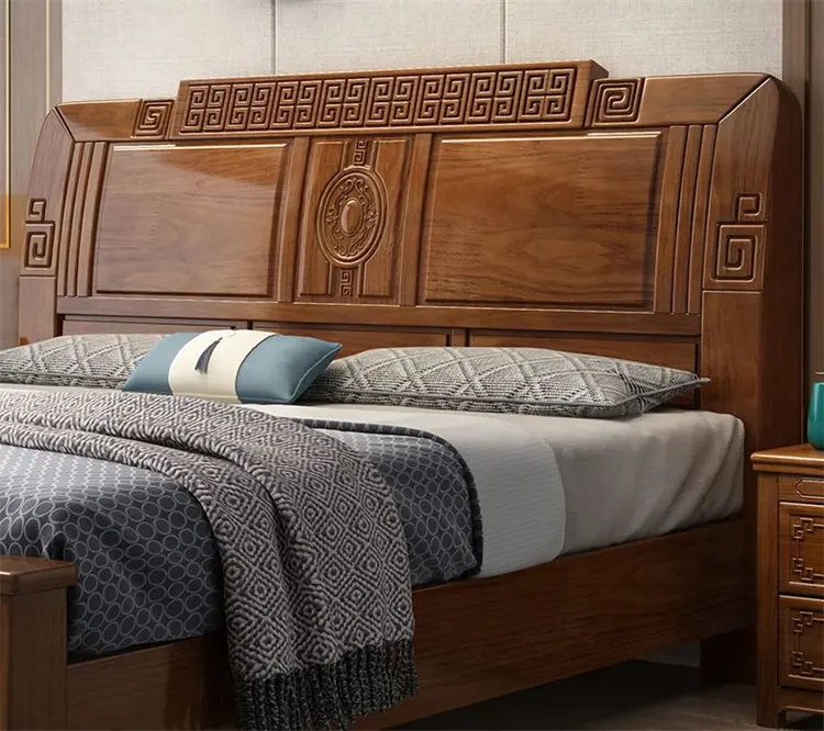 Cama doble, camas de madera modernas chinas, muebles de dormitorio, almacenamiento de lujo, cama de madera maciza, tamaño King