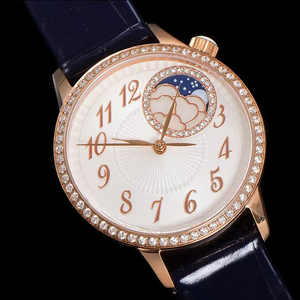 Montre de luxe automatique mécanique avec cadran blanc, phase de lune, lunette en or rose sertie de diamants, bracelet en cuir bleu, design icônique d'œuvre maîtresse - Product Image 1