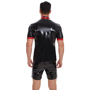 T-shirts en cuir PU et PVC pour hommes, chemises brillantes à col rond avec boutons, shorts de fitness moulants, t-shirts en <span class=keywords><strong>latex</strong></span> à manches courtes, costumes gothiques pour boîte de nuit, 7XL - Product Image 2