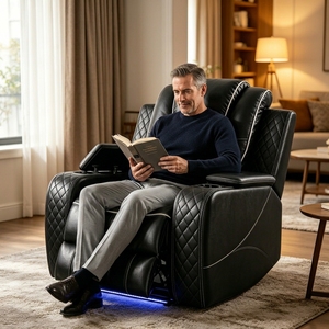 Fauteuil inclinable de luxe traditionnel en cuir noir pour <span class=keywords><strong>cinéma</strong></span> maison, avec éclairage LED, porte-gobelet et rangement, à coutures diamantées - Product Image 2