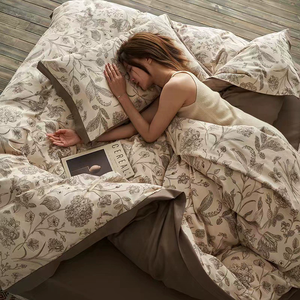 Algodón azul marco borde botánico patrón impreso lujo crujiente suave sábana ajustable conjunto 200 hilos juego de cama - Product Image 2