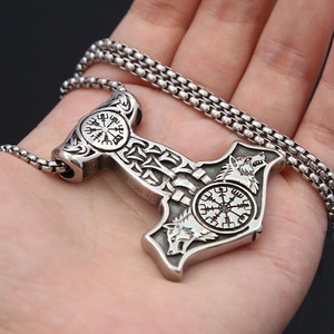 yunnique Stainless Steel Viking Thor Hammer Pendant Necklace Men Retro Hip Hop Jewelry Gift Steel Colored <b>Chain</b> - Product Image 4
