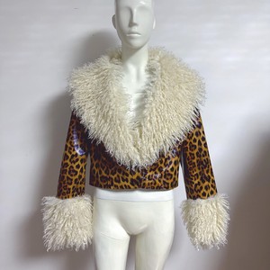 RX Fourrures Moelleux PU Survêtement Femmes Recadrée Imitation Mongole Col De <span class=keywords><strong>Fourrure</strong></span> D'agneau et Poignets Faux Faux Cuir <span class=keywords><strong>Veste</strong></span> Polaire Manteau - Product Image 1