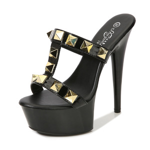 Fashion Shoes Rivet 13CM15CM Platform Sandals High <b>Heels</b> Women Sexy Elegant Ladies Slippers - Product Image 1