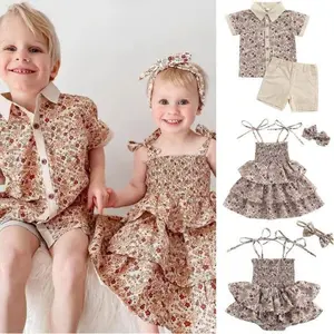 2024 Kleinkind Bruder und Schwester Familie passende Outfits Boho floral blume gedruckt Baby Mädchen Tütükleid Strampler und Kopfband Set