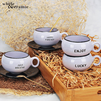 Ensemble tasse à café et soucoupe en céramique marron clair moucheté, vente en gros d'usine, tasse en porcelaine personnalisée avec rayures et mots inspirants imprimés