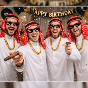 Conjunto de disfraz árabe de cinco piezas con pañuelo para la cabeza, túnica, gafas de sol, cadena y bigote para fiestas y actuaciones - Product Image 3