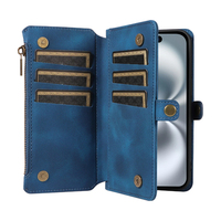 Dompet Kulit PU untuk iPhone 16 Plus, 9 Slot Kartu + Kantong Koin Ber-resleting, Penyangga, Pemblokir RFID, 360 °   Perlindungan