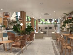 Service de design d'intérieur de librairie moderne sur mesure, aménagement élégant de papeterie avec étagères en bois éclairées - Product Image 4
