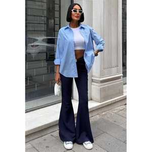 Pantalones de mujer acampanados con detalle de hebilla fruncida, cintura alta, azul marino, transpirables - Product Image 5