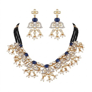 Flower Design Luxury925 Silver <b>Necklace</b> Earrings Set for Women Blue Gemstone Pearls Kundan Work Traditional Indian Jewelry - Product Image 5