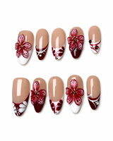 Uñas Postizas Francesas Cortas Almendradas Color Borgoña, Elegantes, Hechas a Mano, 10 Piezas, Reutilizables, con Flores 3D para Bodas y Fiestas