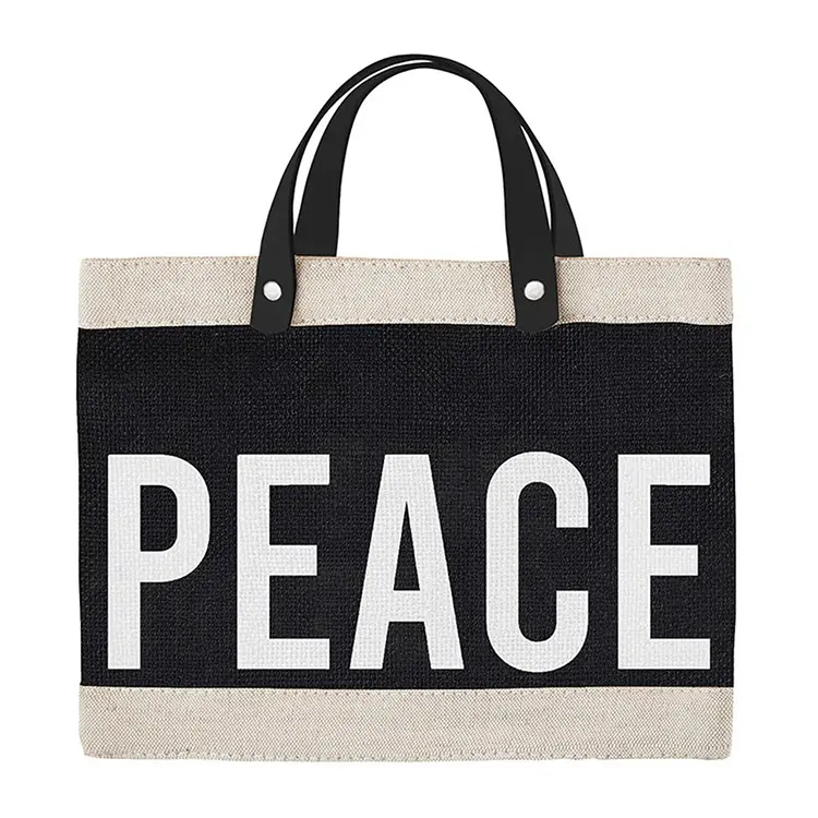 custom printed logo waterproof pe laminated black leather handle jute grocery shopping bag