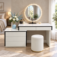 Coiffeuse blanche avec miroir rond éclairé et armoire de rangement latérale, ensemble de maquillage pour chambre à coucher et dressing féminin