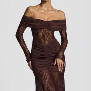 Robe longue moulante élégante en maille et dentelle T-1557 pour femme, manches longues, sexy, épaules dénudées, transparente, décontractée, pour <span class=keywords><strong>soir</strong></span>ée et fête estivale - Product Image 2
