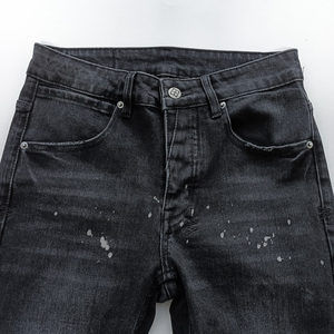 Skinny Washed Black Premium Stretch Cotton Denim Trashing Repair Patches Mid Rise Slim Fit Denim Jean con etiqueta de bolsillo trasero - Product Image 2