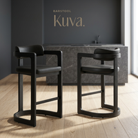 Chaise de bar rembourrée en cuir PU noir, accoudoirs fixes, design moderne, structure en bois, base en métal, pour usage commercial, restaurant, bar