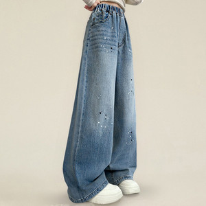Pantalones <span class=keywords><strong>Vaqueros</strong></span> de Mezclilla para Niñas, con Cuentas y Estampado, Mezcla de Algodón y Poliéster, Transpirables, Color Personalizado, Pierna Recta, Pierna Ancha, Casuales, Elegantes para Salir - Product Image 2
