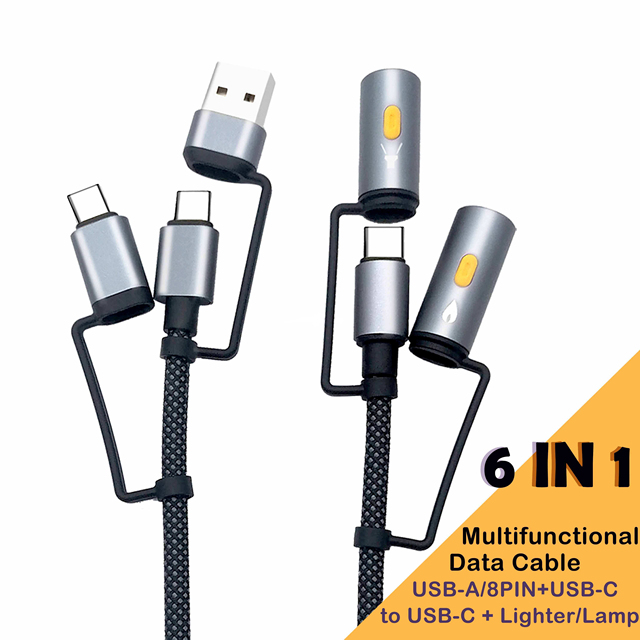 Outdoor Travel Nylon Braided Type-C USB Data Cable 6 1 PD 60W 100W 240W Fast Charging LED Light/Cigar Lighter 3A Data Transfer