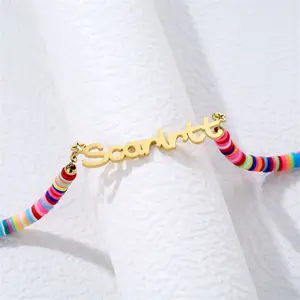 Hot Boho Name Necklace Personalized Rainbow Polymer Clay Beads Necklace Custom Stainless Steel Letter Name Necklaces For Women
