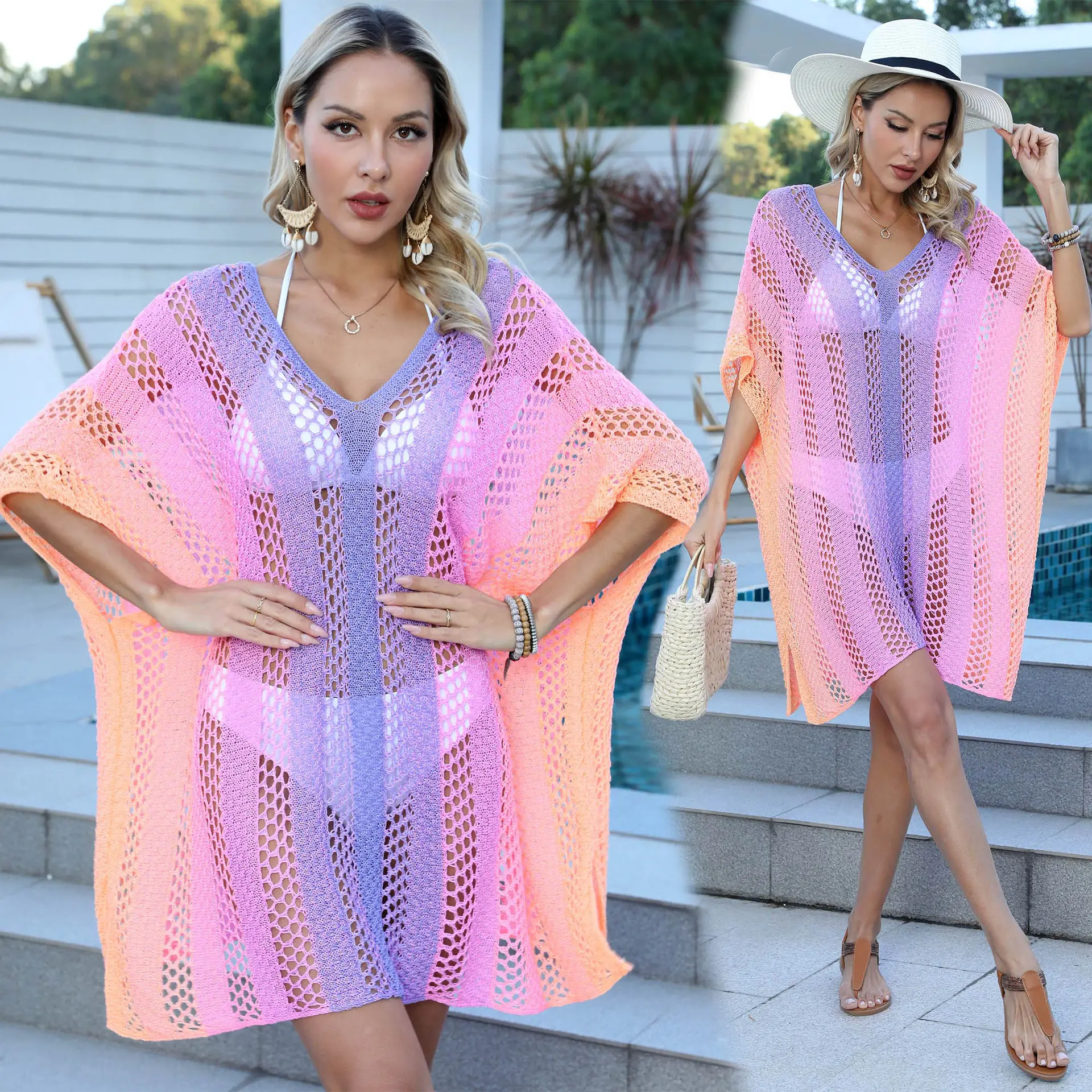 Maiô feminino de crochê moda verão 2024, roupa de praia com biquíni solta de malha arco-íris, roupa de praia