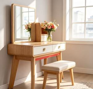 Coiffeuse scandinave en bois de hêtre massif avec miroir et tiroirs de rangement, ensemble de table de maquillage pour chambre à coucher - Product Image 5