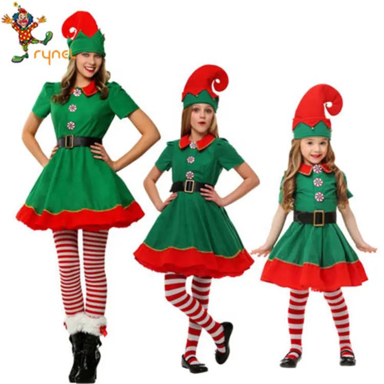 Pgcc4664 fantasia de natal infantil, vestido de manga curta verde e vermelho elf santa vestido para natal