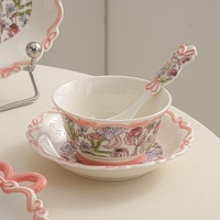 Service de table en céramique haut de gamme, motif végétal rétro, gaufré, compatible micro-ondes, avec bol, assiette, tasse et cuillère