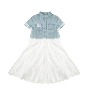 Set Estivo 2026 per Ragazze Adolescenti: <span class=keywords><strong>Camicia</strong></span> in Denim con Bordo in Pizzo a Maniche Corte + Vestito Bianco in Pizzo, Set Casual 2 Pezzi - Product Image 2