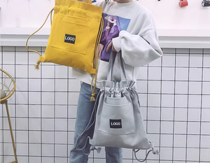 Grosir tas punggung Tote belanja tali serut kanvas katun Logo kustom perjalanan daur ulang desain warna polos - Product Image 6