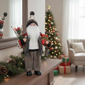 Nordic Father <b>Christmas</b> with Fur Vest Red Gift <b>Box</b> Lantern and Bird Branch for Modern Winter Holiday Display - Product Image 1
