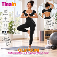 Fournisseur OEM en gros sur mesure : Combinaison de sport une pièce pour femme, col en V, passepoil contrastant, dos nu, effet push-up fessier, contrôle du ventre, extensible, douce et lisse
