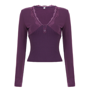 Camiseta informal de manga larga con ribete de encaje morado para mujer, corte ajustado, cuello en V, botones en la parte delantera, suave y elástica - Product Image 6