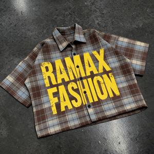 Chemises personnalisées avec logo du fabricant, impression sur écran, streetwear, manches courtes, boutonnées, surdimensionnées, coupe courte, chemise à carreaux personnalisée pour hommes - Product Image 2