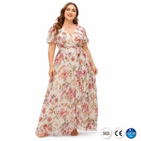 Robe longue en mousseline de soie à imprimé floral, col en V, manches courtes, taille plus, pour occasions spéciales, OEM 1X-5X, 120 GSM