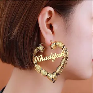 Customized Name Heart Shape Bamboo Earring Personalize Gold Plated Bamboo Hoop for Girl